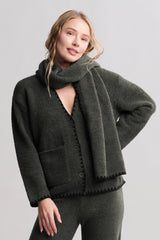 CozyChic® Blanket Stitch Cardigan with Detachable Scarf