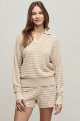 Heathered Cotton Tulip Pointelle Collared Pullover
