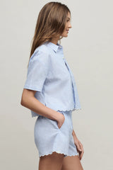 Linen Blend Stripe Shirt with Scallop