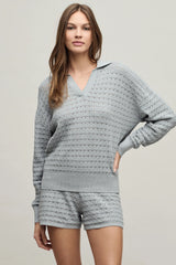 Heathered Cotton Tulip Pointelle Collared Pullover