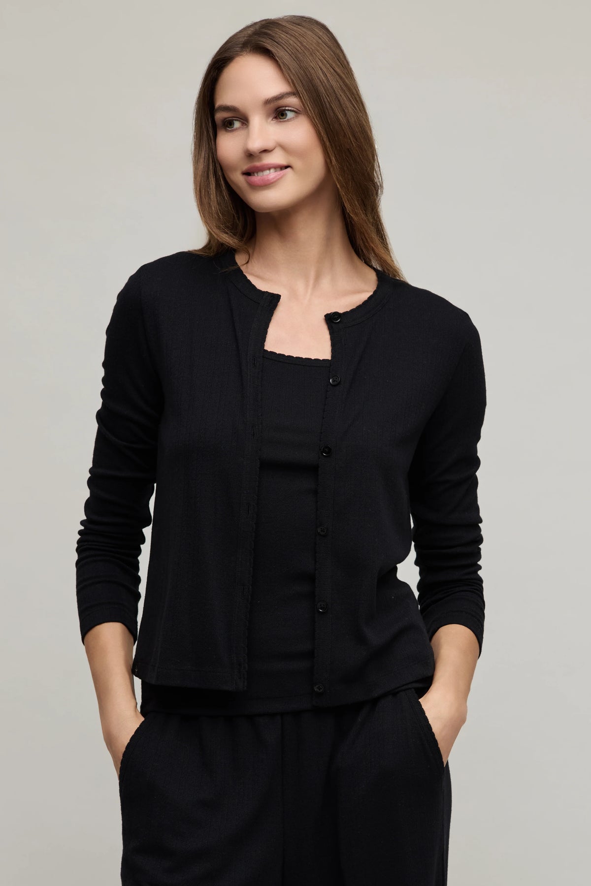 Pointelle Rib Cardigan with Scallop Trim