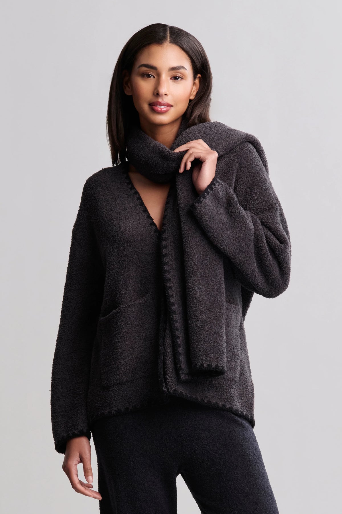 CozyChic® Blanket Stitch Cardigan with Detachable Scarf